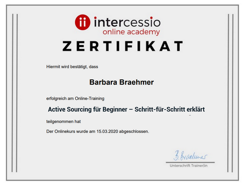 Teilnahme - Zertifikat Online-Trainings - Beispiel - Active Sourcing Basics E-Learning